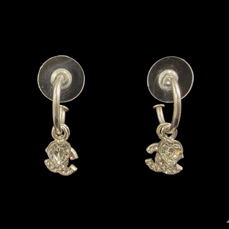 CHANEL Coco Mark Heart Rhinestone Earrings Accessory 04A Silver Crystal Heart Charm Hoop Pair Stamp