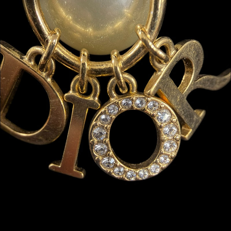 DIOR Logo Rhinestone Faux Pearl Earrings Accessory Gold Metal 2-Way Double Pearl Dangling Pair