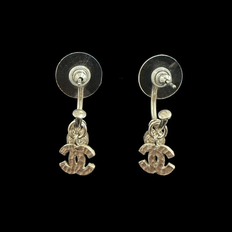 CHANEL Coco Mark Heart Rhinestone Earrings Accessory 04A Silver Crystal Heart Charm Hoop Pair Stamp