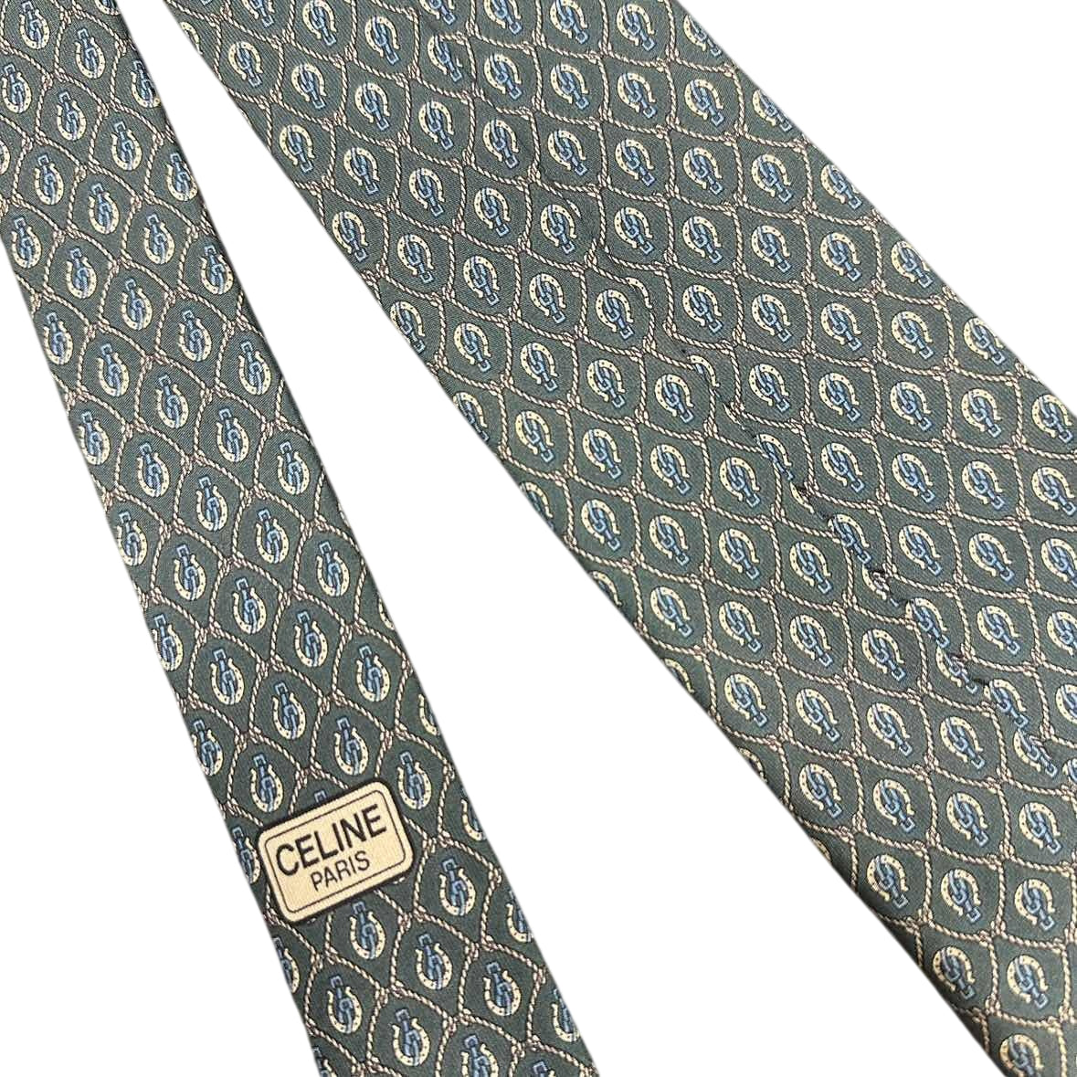 CELINE Silk Tie, Dark Green Base with Carriage Logo All-over Pattern