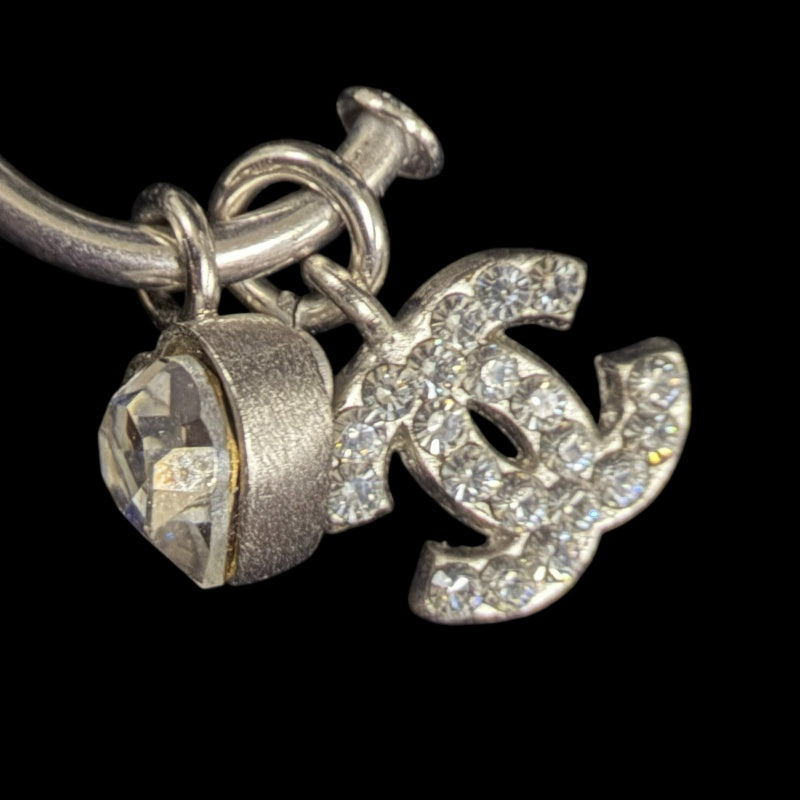 CHANEL Coco Mark Heart Rhinestone Earrings Accessory 04A Silver Crystal Heart Charm Hoop Pair Stamp