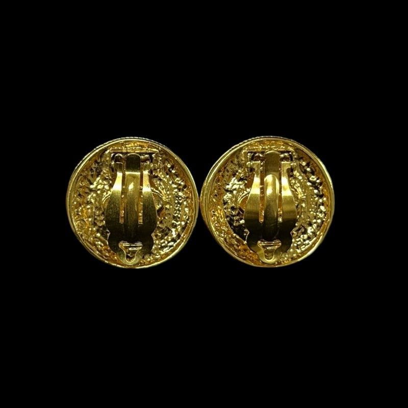 CHANEL CC Logo Round Earrings Pair Accessory Gold Tone Metal Tiger Eye Stone Inlay Vintage Elegant Classic Design