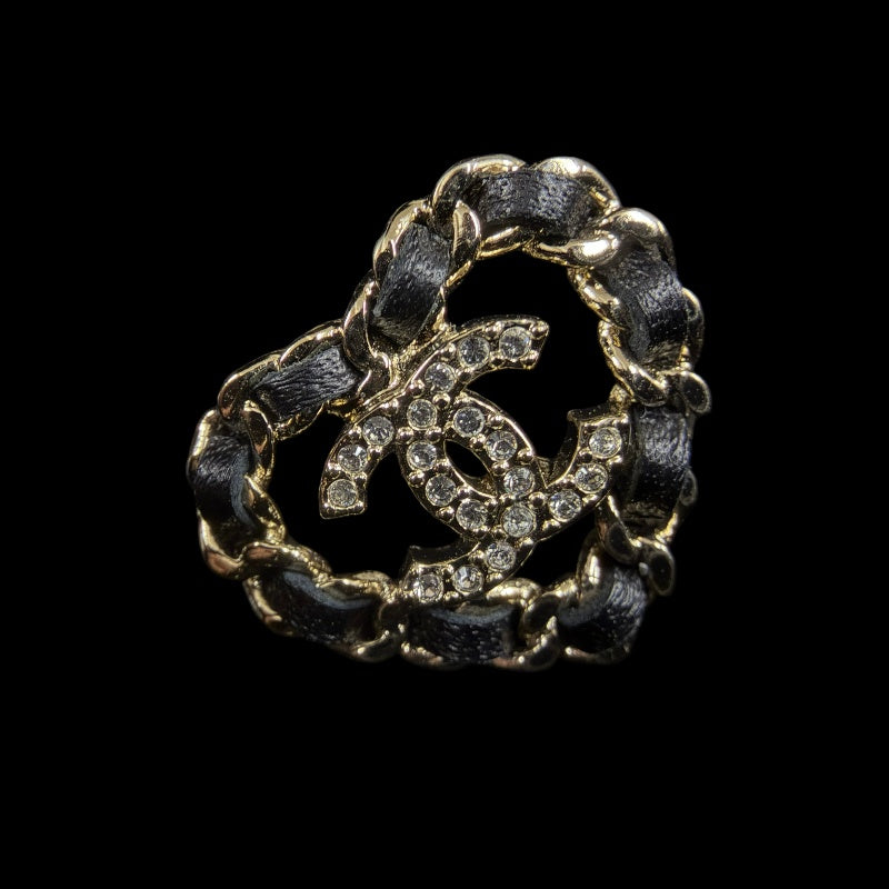 CHANEL Heart Rhinestone Earrings Accessory Gold Black Leather Coco Mark Box