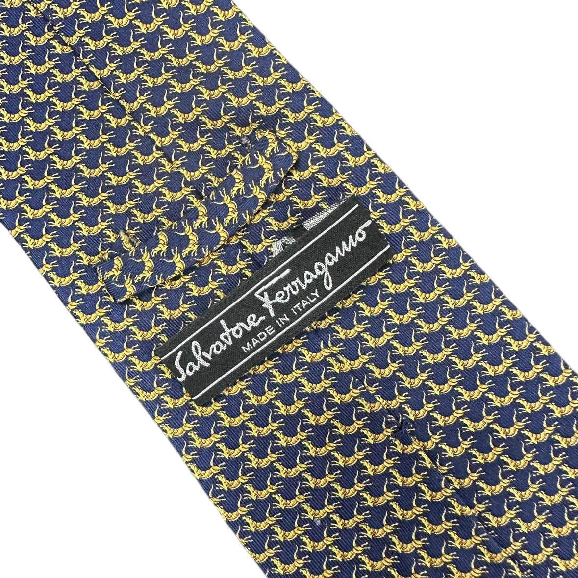 FERRAGAMO Silk Tie, Navy Base with Horse Pattern