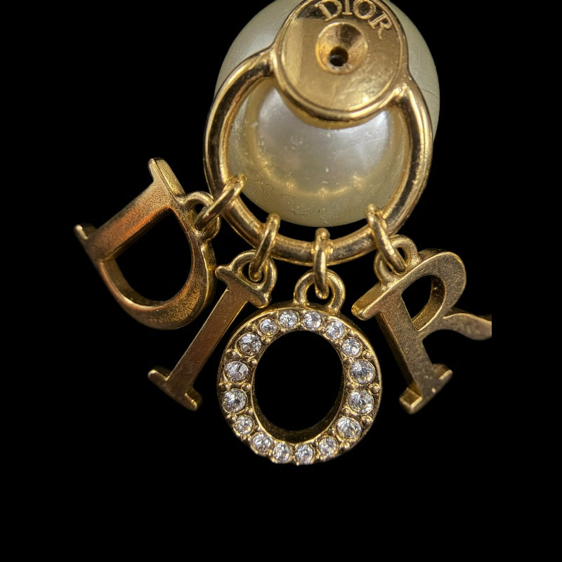 DIOR Logo Rhinestone Faux Pearl Earrings Accessory Gold Metal 2-Way Double Pearl Dangling Pair