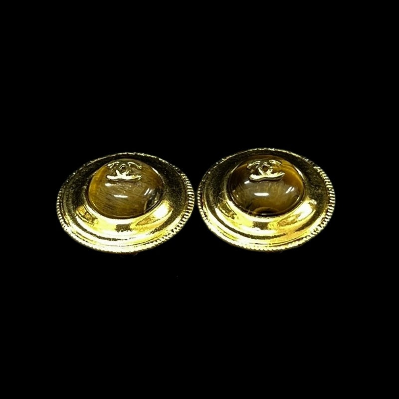 CHANEL CC Logo Round Earrings Pair Accessory Gold Tone Metal Tiger Eye Stone Inlay Vintage Elegant Classic Design
