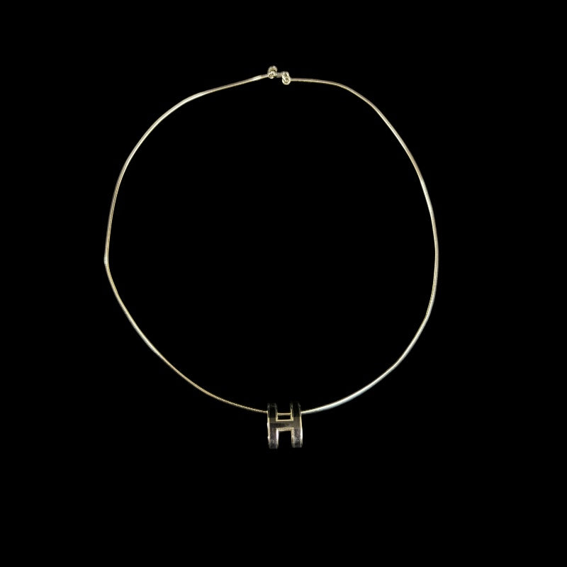 HERMES Pop Ash H Necklace Accessory 925 Silver Black Enamel H Pendant Snake Chain Total Weight Approx 6.66g Box　