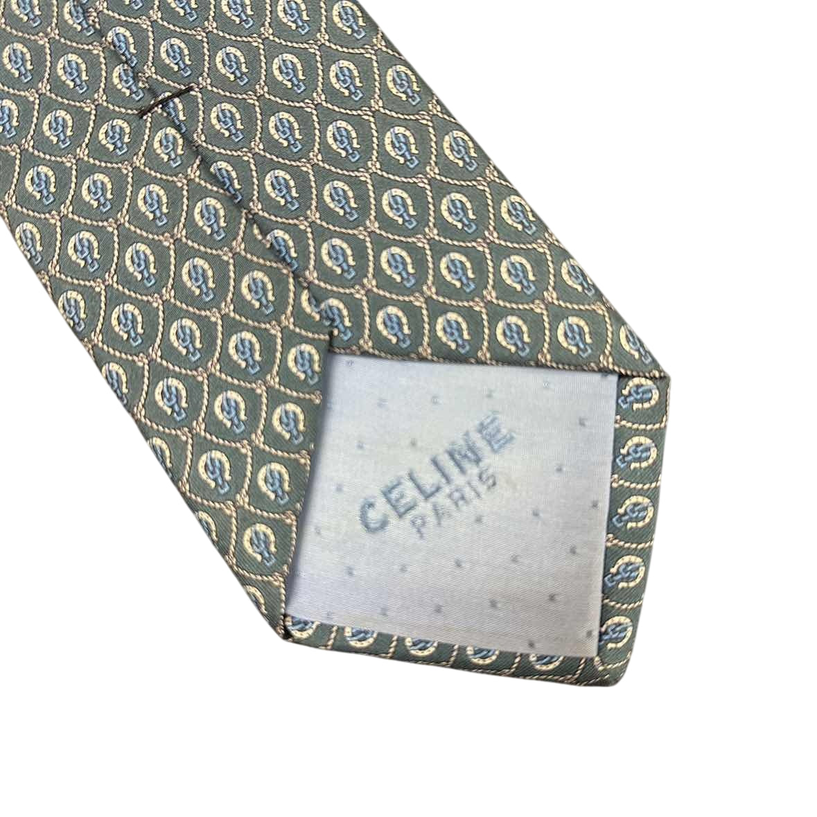 CELINE Silk Tie, Dark Green Base with Carriage Logo All-over Pattern