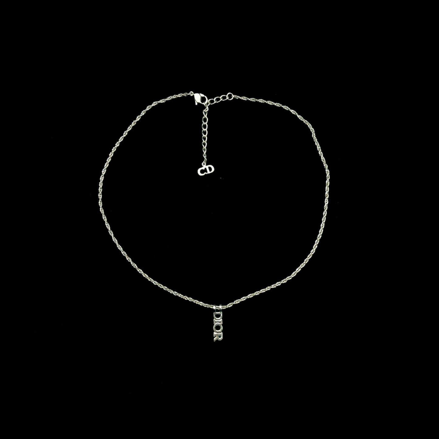 CHRISTIAN DIOR Vertical Dior Logo Pendant Necklace Silver Tone Metal Twist Fine Chain Adjustable Extension with Mini CD Charm Minimalist Cool Elegant Classic Accessory