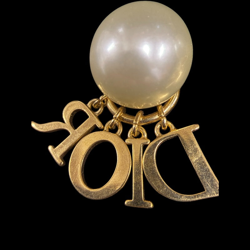 DIOR Logo Rhinestone Faux Pearl Earrings Accessory Gold Metal 2-Way Double Pearl Dangling Pair