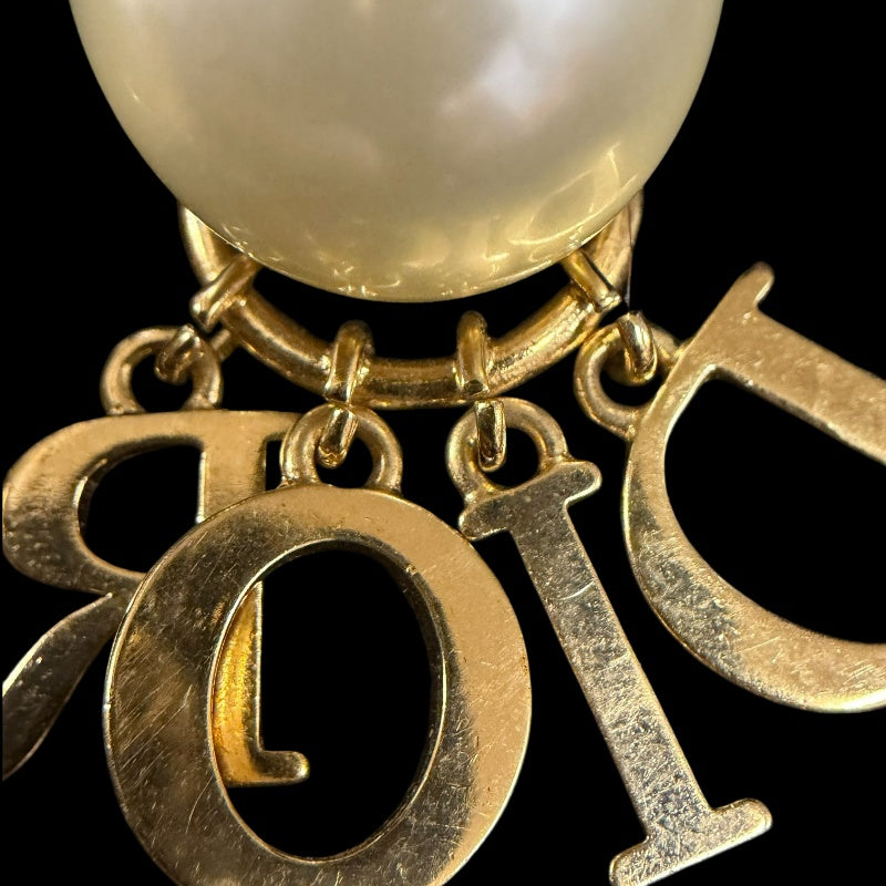 DIOR Logo Rhinestone Faux Pearl Earrings Accessory Gold Metal 2-Way Double Pearl Dangling Pair