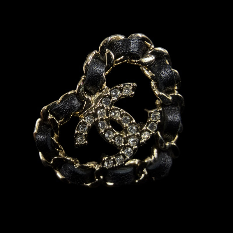 CHANEL Heart Rhinestone Earrings Accessory Gold Black Leather Coco Mark Box