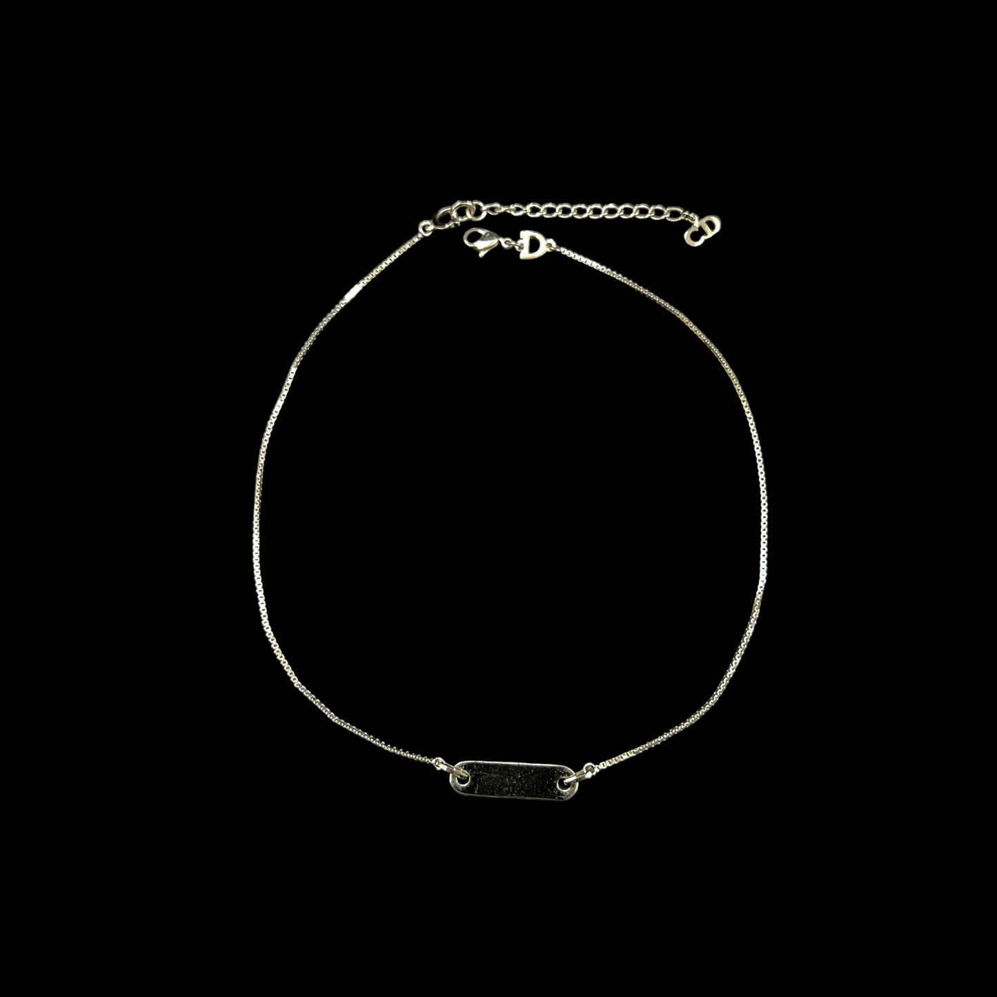 CHRISTIAN DIOR Plain Oblong Plate Fine Box Chain Necklace Silver Tone Metal Delicate Thin Chain Adjustable Extension with CD Logo Charm Minimalist Elegant Casual Daily Accessory