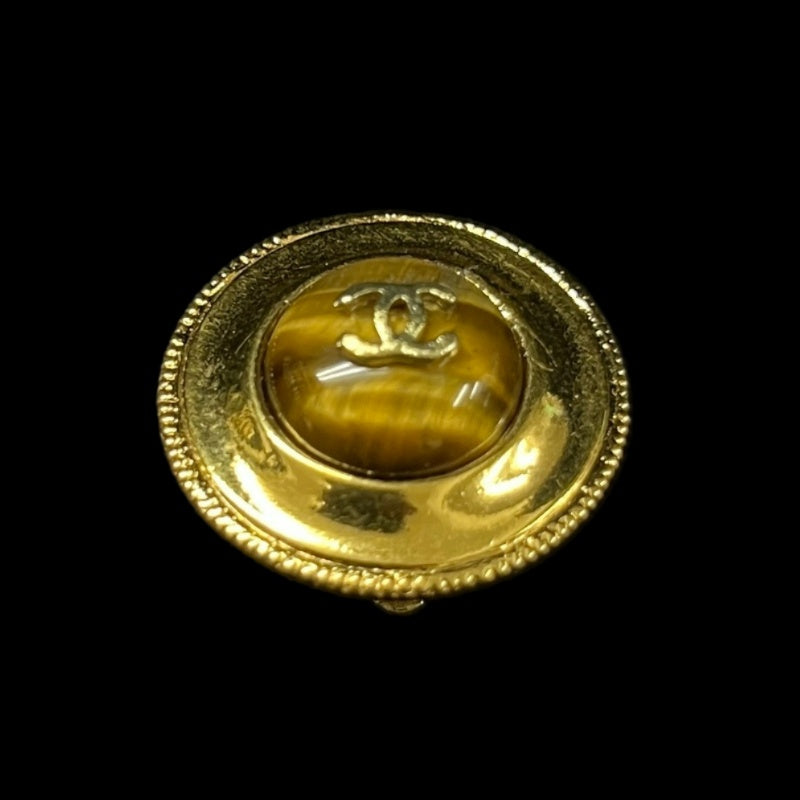 CHANEL CC Logo Round Earrings Pair Accessory Gold Tone Metal Tiger Eye Stone Inlay Vintage Elegant Classic Design
