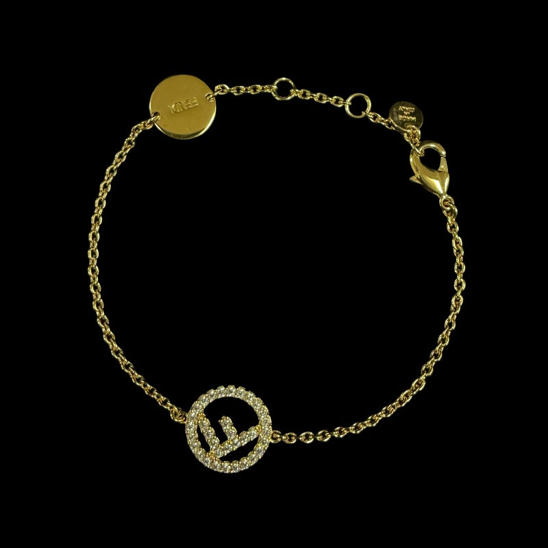 FENDI F is Fendi Rhinestone Bracelet Accessory Gold Metal Circle F Logo Pave Stone Elegant Box