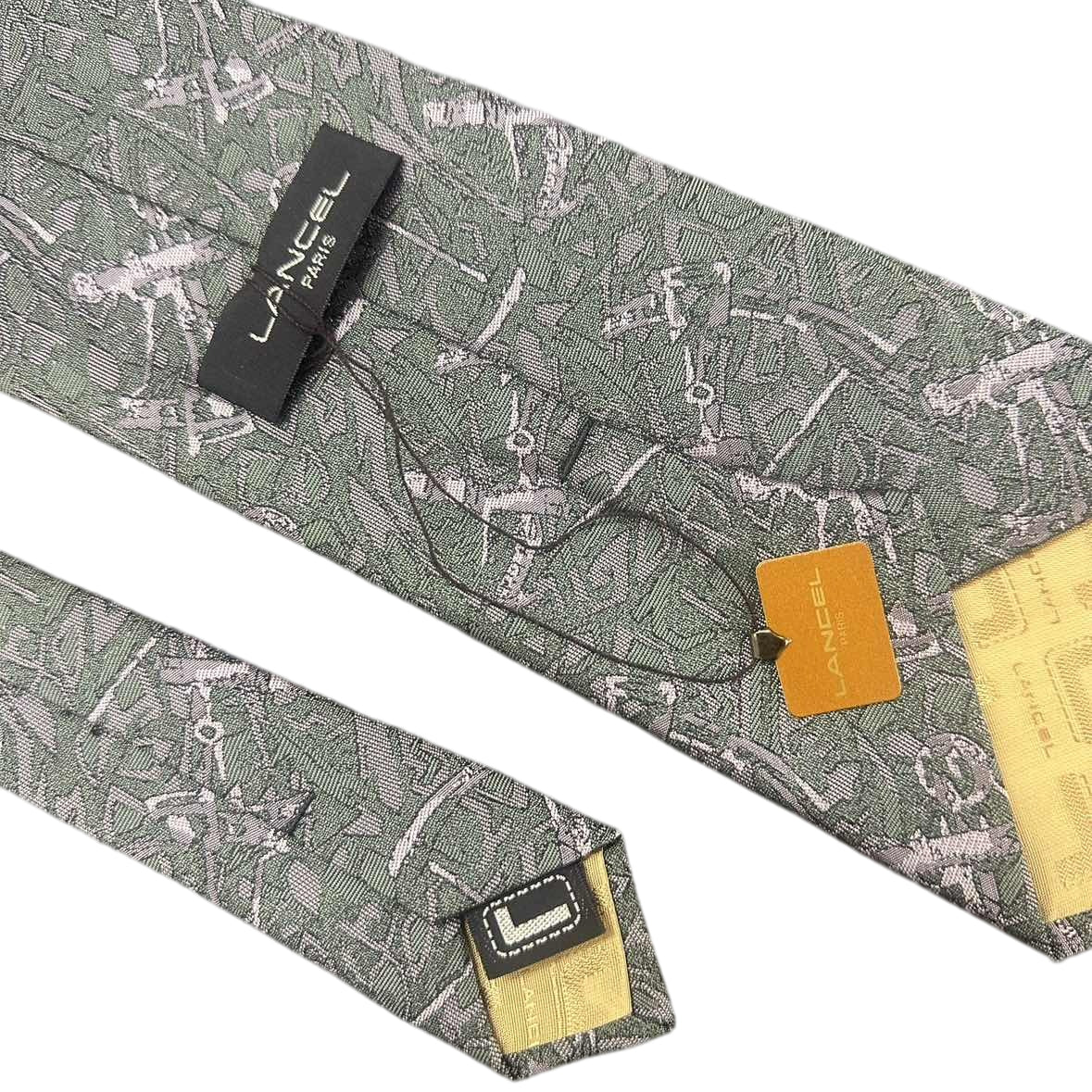 LANCEL Silk Tie, Green and Grey All-over Pattern