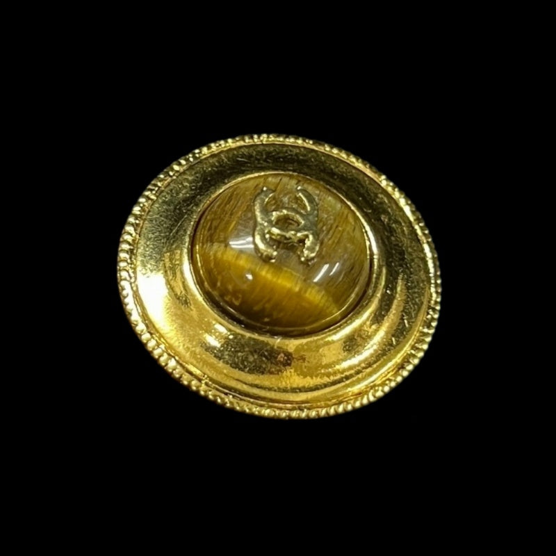 CHANEL CC Logo Round Earrings Pair Accessory Gold Tone Metal Tiger Eye Stone Inlay Vintage Elegant Classic Design