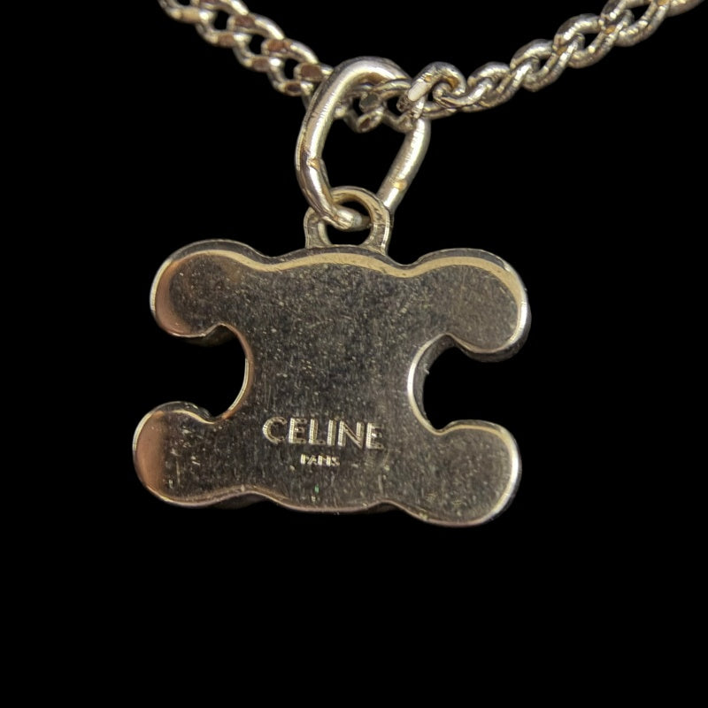 CELINE Triomphe Rhinestone Necklace Accessory Silver Metal Pave Stone Pendant Double Chain