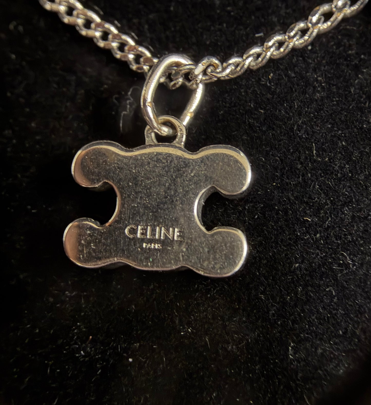 CELINE Triomphe Rhinestone Necklace Accessory Silver Metal Pave Stone Pendant Double Chain