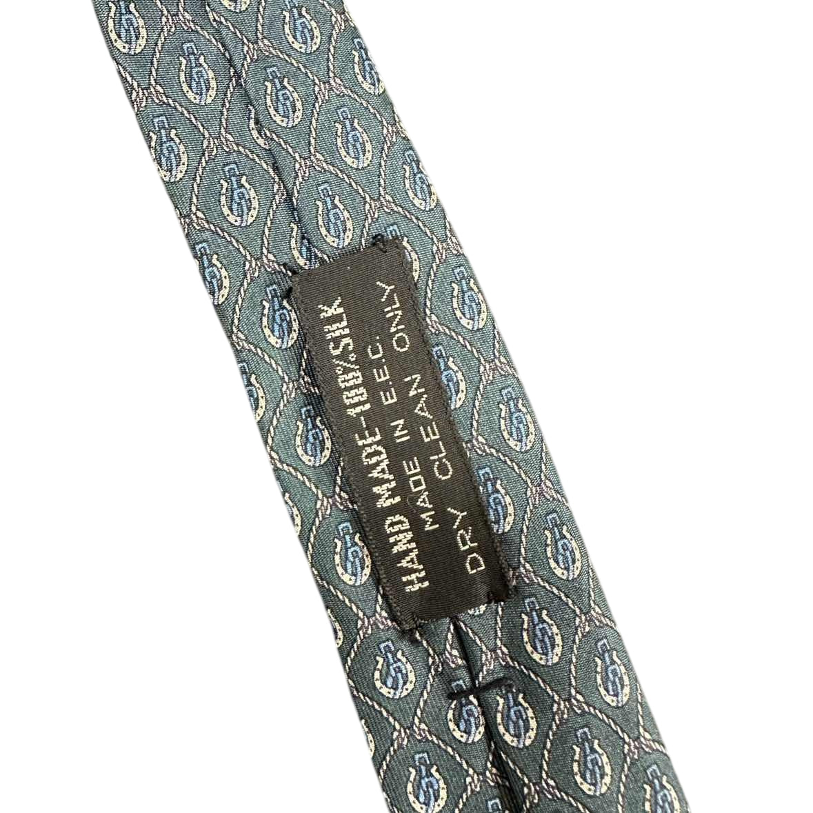 CELINE Silk Tie, Dark Green Base with Carriage Logo All-over Pattern