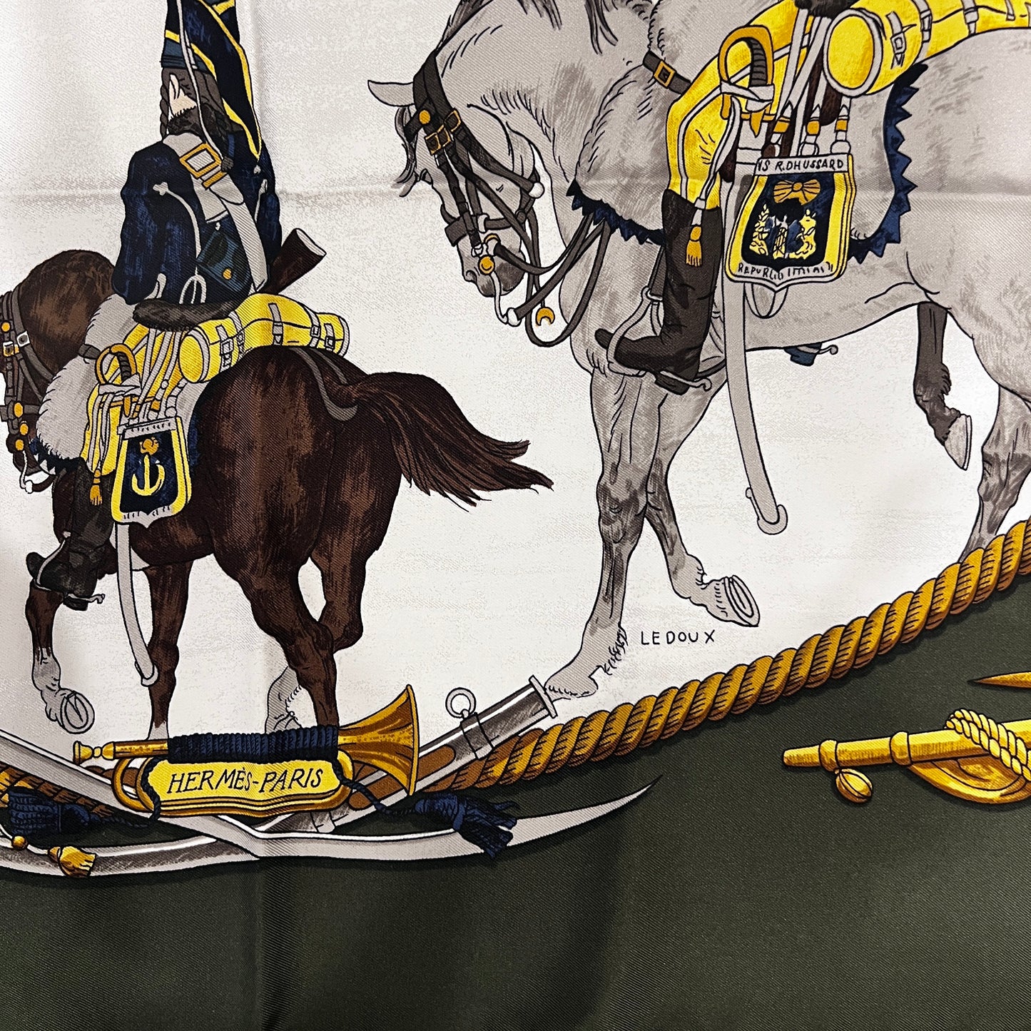 HERMES Carre 90  Marine et Cavalerie  Silk Scarf Khaki Green Navy Nautical Cavalry Print Vintage Classic