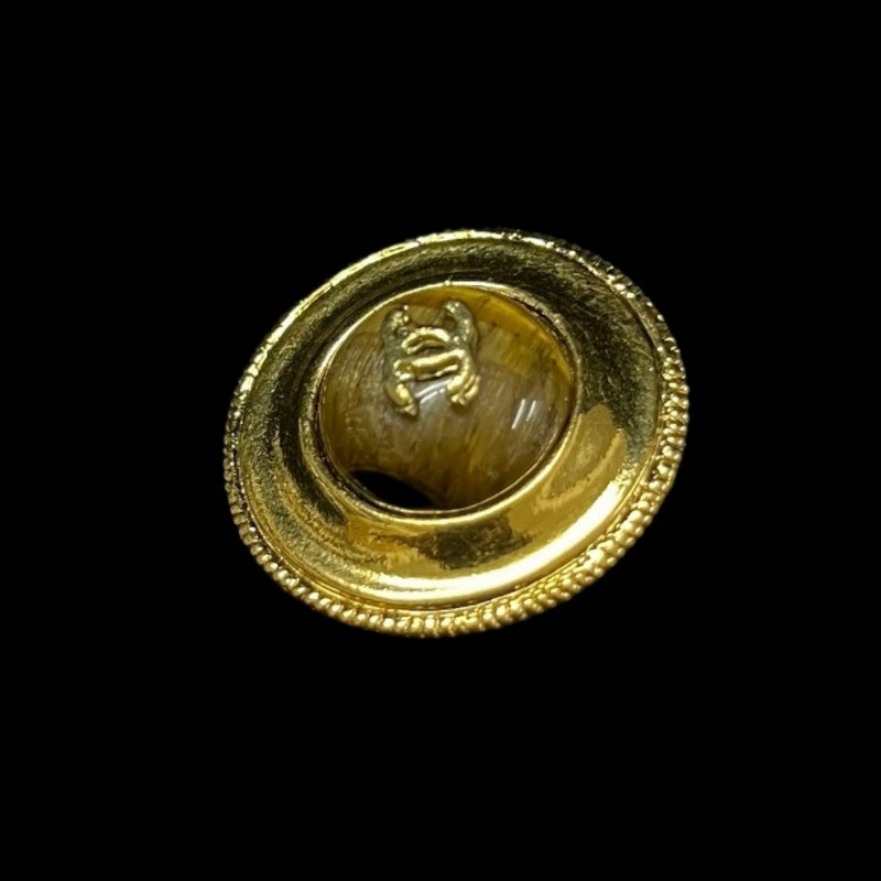 CHANEL CC Logo Round Earrings Pair Accessory Gold Tone Metal Tiger Eye Stone Inlay Vintage Elegant Classic Design