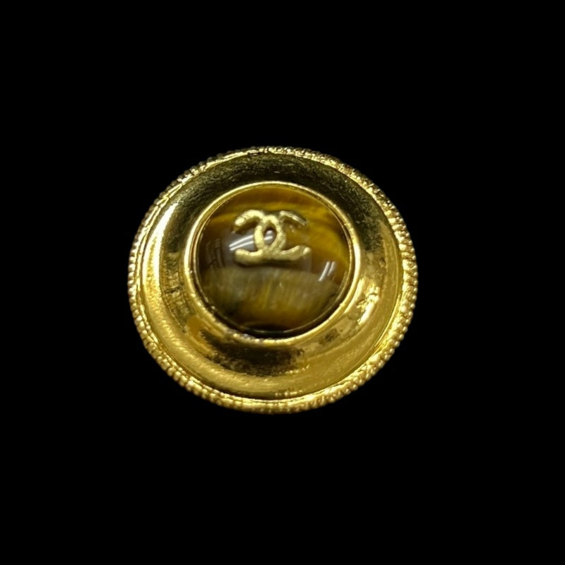 CHANEL CC Logo Round Earrings Pair Accessory Gold Tone Metal Tiger Eye Stone Inlay Vintage Elegant Classic Design