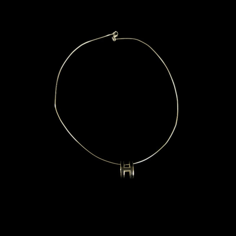 HERMES Pop Ash H Necklace Accessory 925 Silver Black Enamel H Pendant Snake Chain Total Weight Approx 6.66g Box　