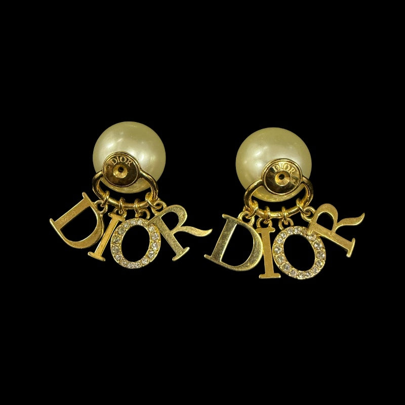 DIOR Logo Rhinestone Faux Pearl Earrings Accessory Gold Metal 2-Way Double Pearl Dangling Pair