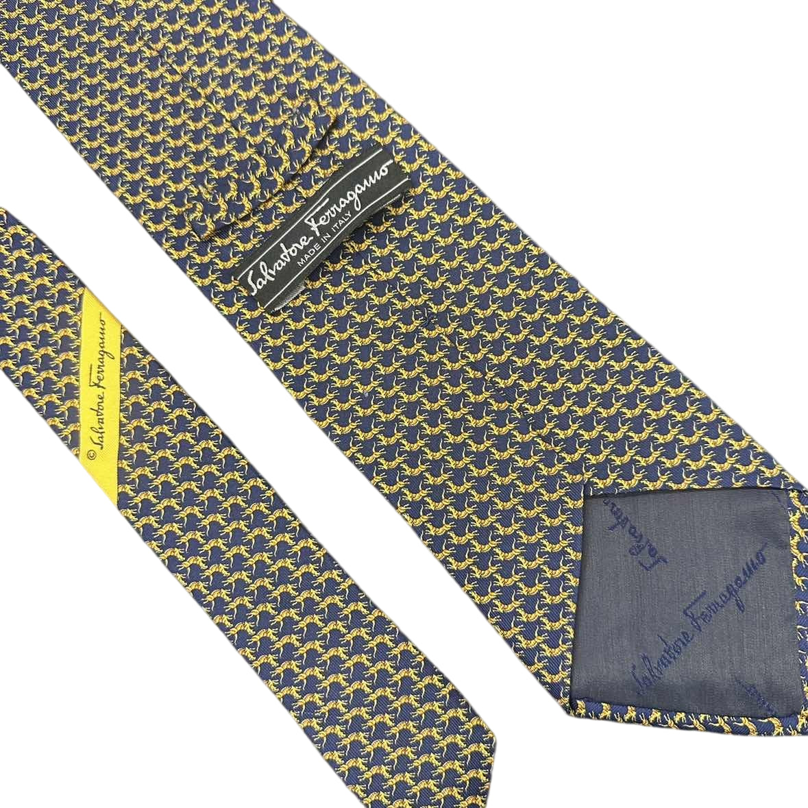 FERRAGAMO Silk Tie, Navy Base with Horse Pattern