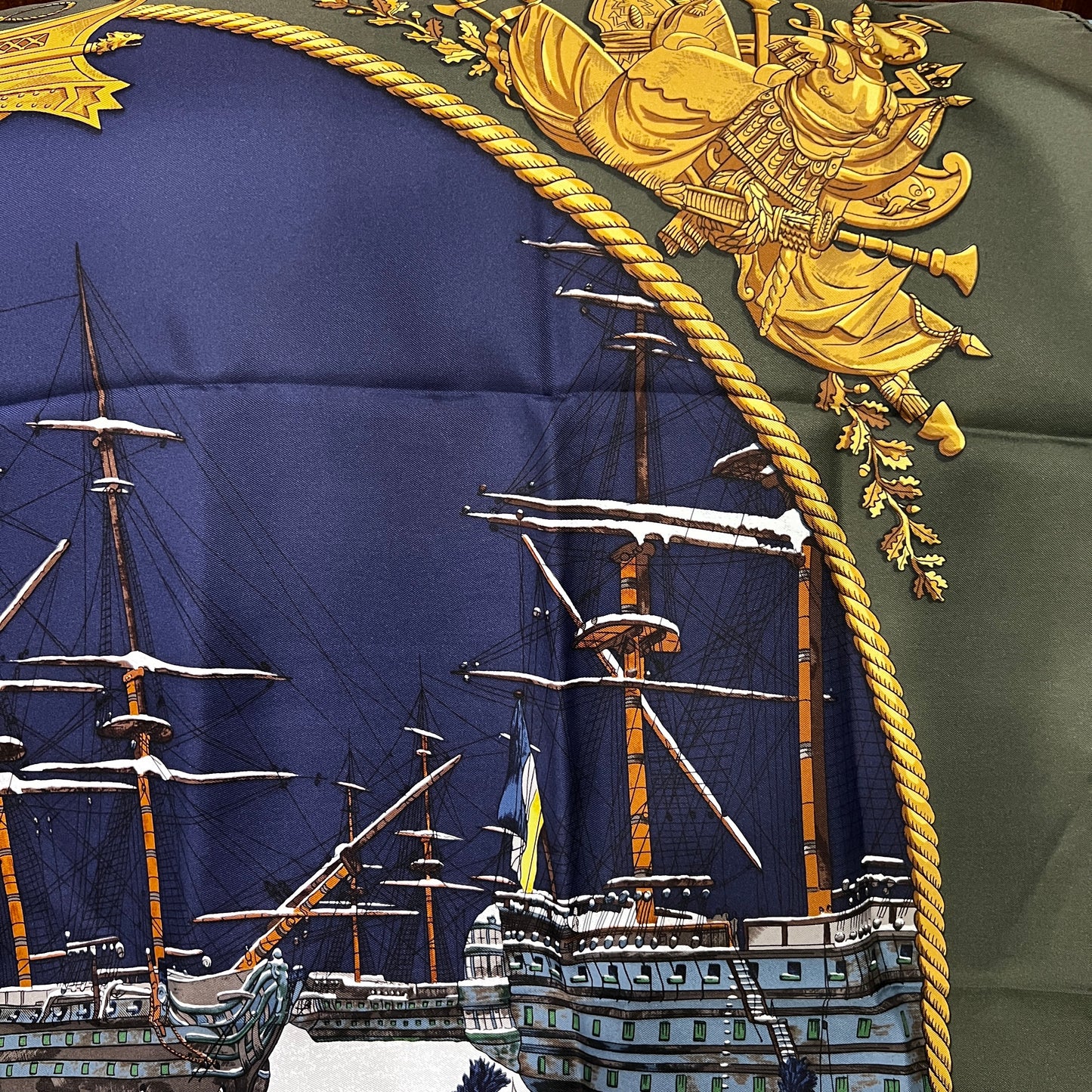 HERMES Carre 90  Marine et Cavalerie  Silk Scarf Khaki Green Navy Nautical Cavalry Print Vintage Classic