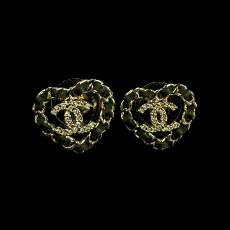 CHANEL Heart Rhinestone Earrings Accessory Gold Black Leather Coco Mark Box