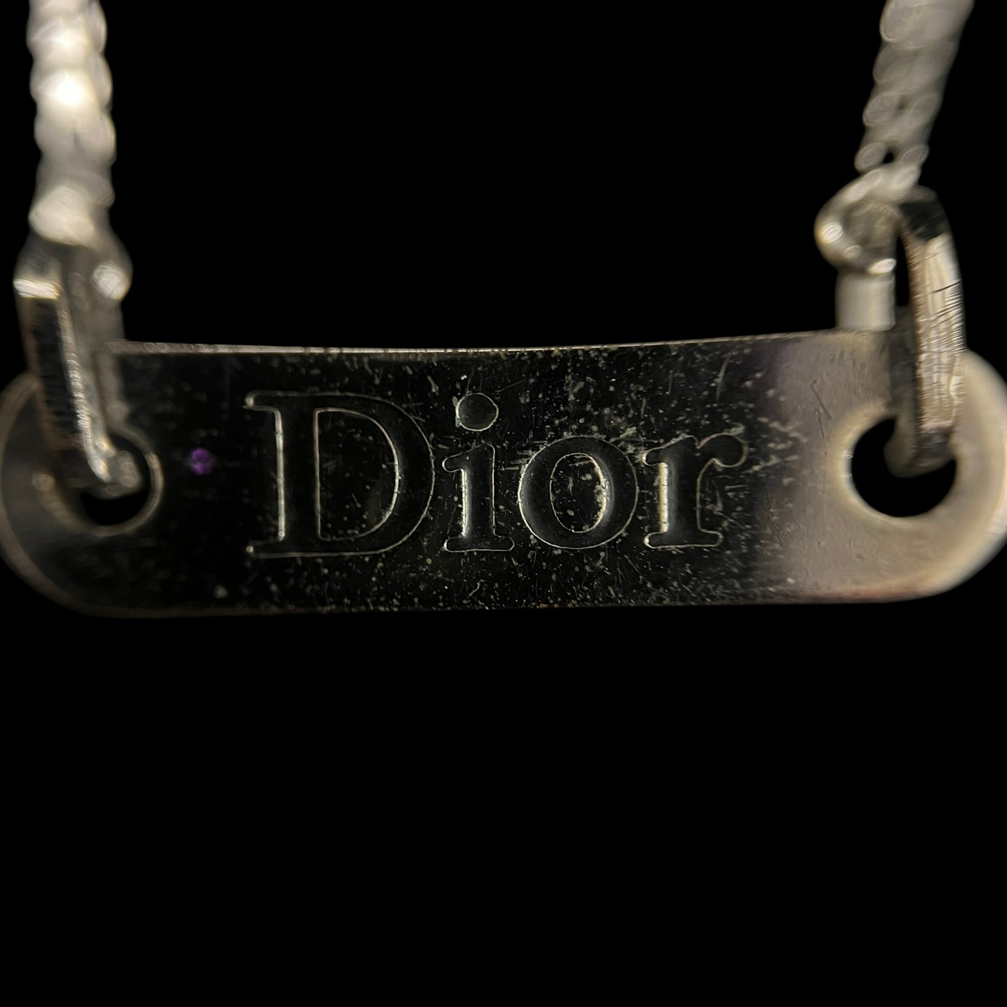 CHRISTIAN DIOR Plain Oblong Plate Fine Box Chain Necklace Silver Tone Metal Delicate Thin Chain Adjustable Extension with CD Logo Charm Minimalist Elegant Casual Daily Accessory