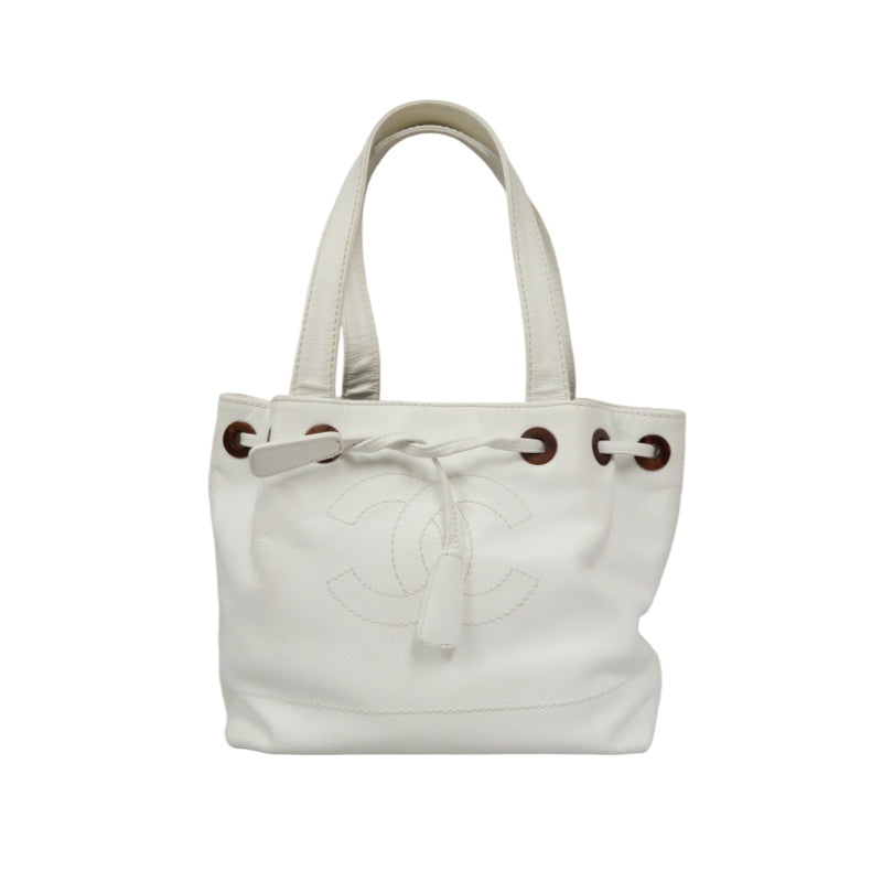 CHANEL White Calfskin Drawstring Tote Shoulder Bag with Dust Bag