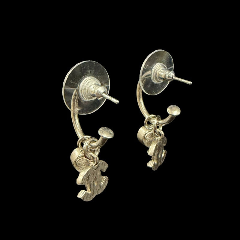 CHANEL Coco Mark Heart Rhinestone Earrings Accessory 04A Silver Crystal Heart Charm Hoop Pair Stamp