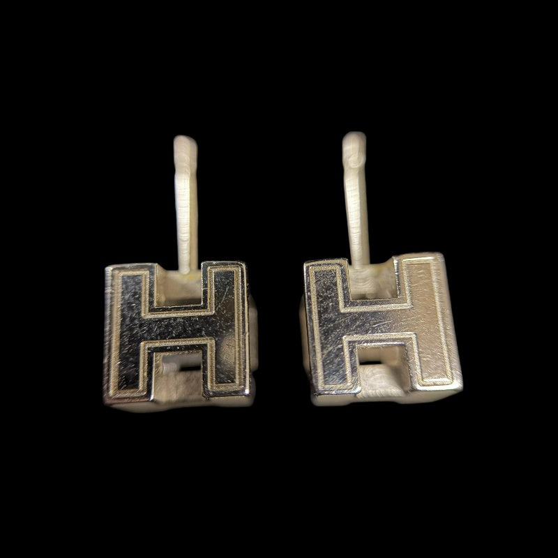 HERMES Cage d'Ash H Cube Earrings Accessory Silver White Enamel H Motif Cube Stud Pair