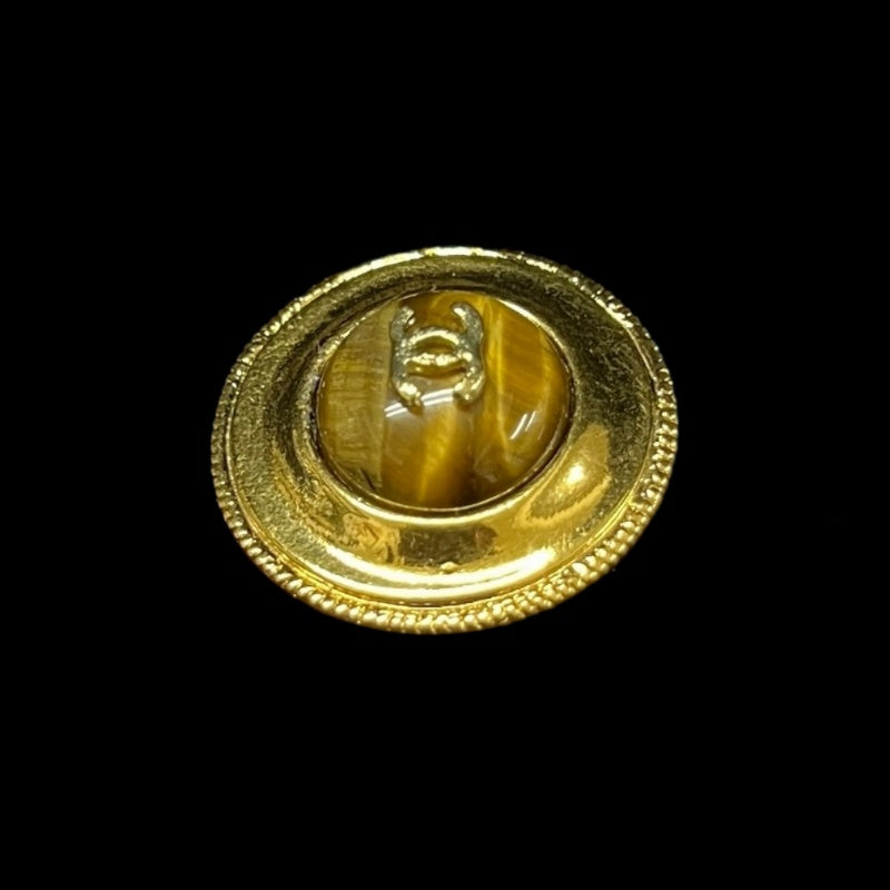CHANEL CC Logo Round Earrings Pair Accessory Gold Tone Metal Tiger Eye Stone Inlay Vintage Elegant Classic Design
