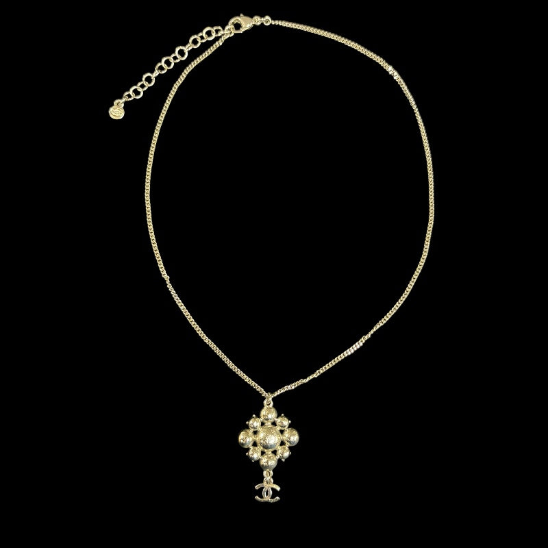 CHANEL Coco Mark Rhinestone Necklace Accessory  Silver Flower Motif Dangling Charm Vintage