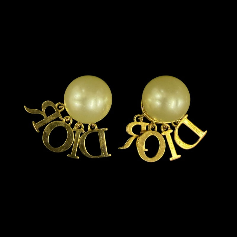 DIOR Logo Rhinestone Faux Pearl Earrings Accessory Gold Metal 2-Way Double Pearl Dangling Pair