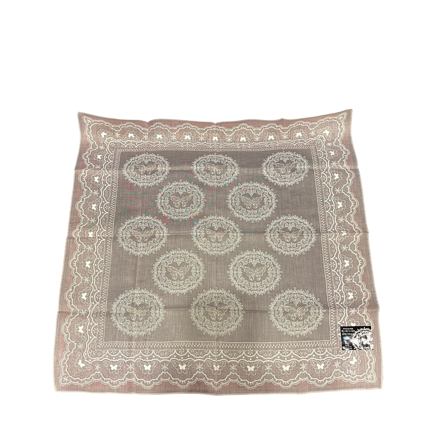 HM KAWABE Butterfly Motif Cotton Gauze Handkerchief Dusty Pink Made in Japan