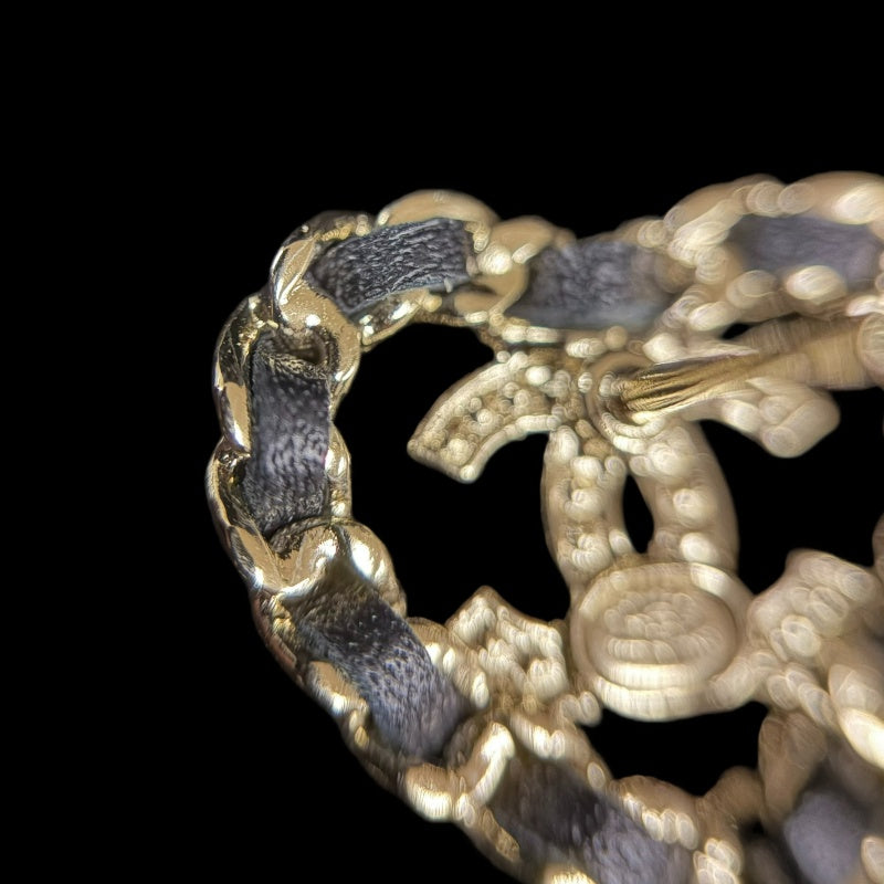 CHANEL Heart Rhinestone Earrings Accessory Gold Black Leather Coco Mark Box