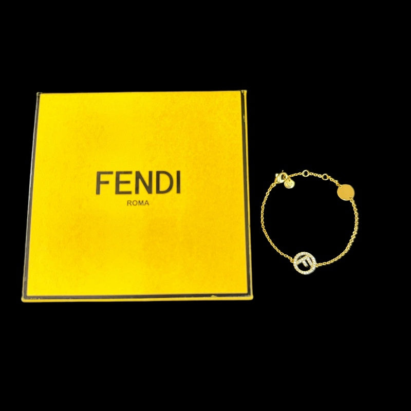 FENDI F is Fendi Rhinestone Bracelet Accessory Gold Metal Circle F Logo Pave Stone Elegant Box