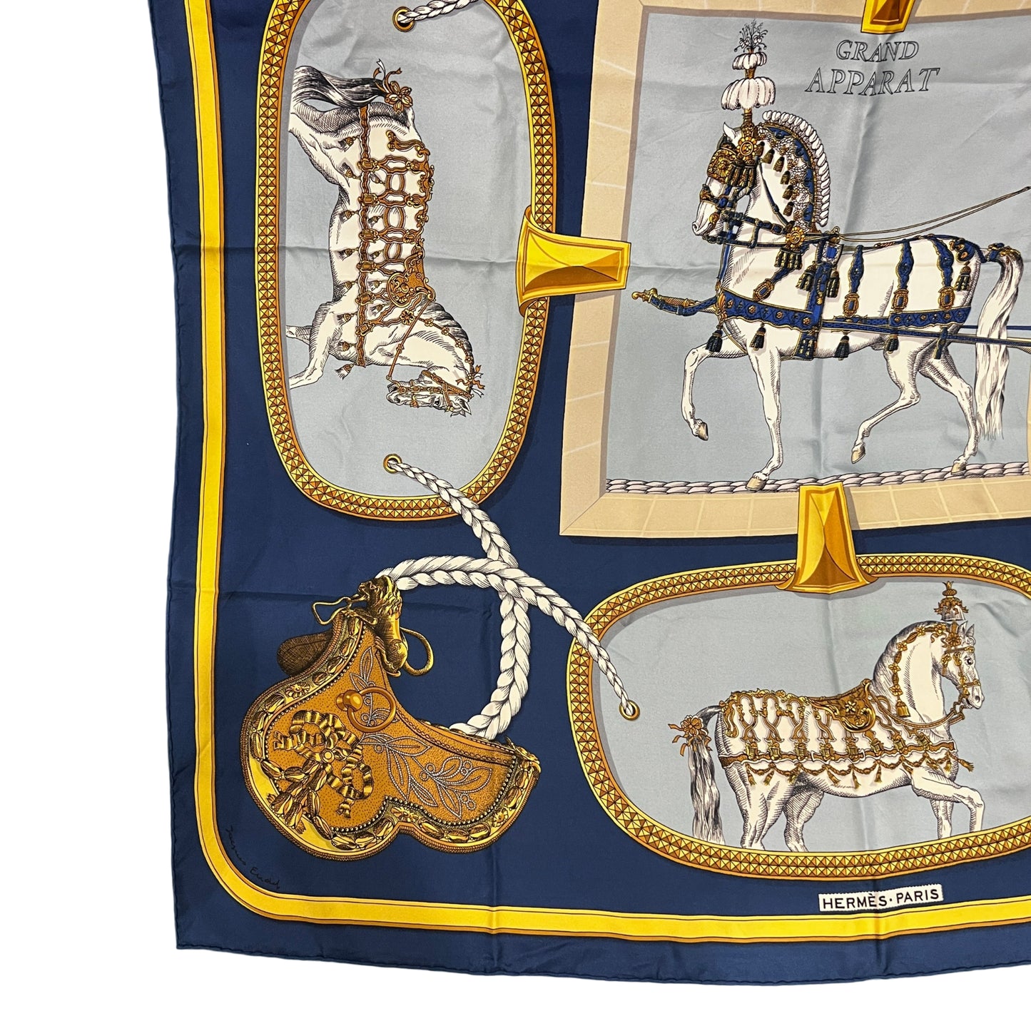 HERMES Carre 90 Grand Apparat Silk Scarf Blue x Yellow Equestrian Horse Pattern Luxury Classic
