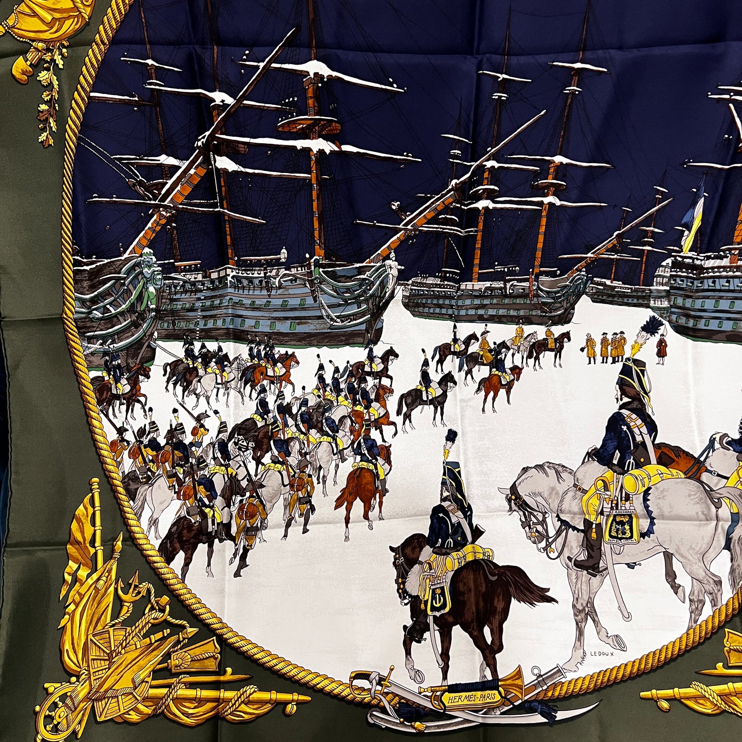 HERMES Carre 90  Marine et Cavalerie  Silk Scarf Khaki Green Navy Nautical Cavalry Print Vintage Classic