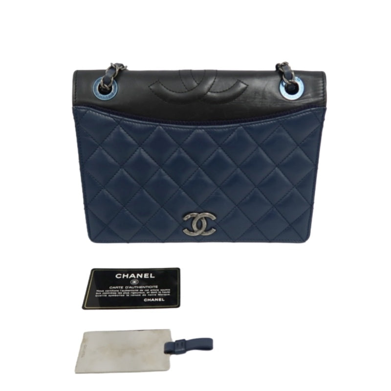 CHANEL Matelasse Lambskin Shoulder Bag Blue Silver Hardware