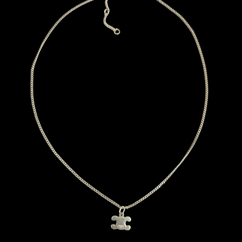 CELINE Triomphe Rhinestone Necklace Accessory Silver Metal Pave Stone Pendant Double Chain