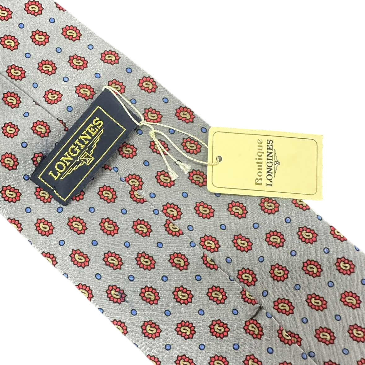 LONGINES Silk Tie, Grey Base with Small Floral Motif and Dot Pattern