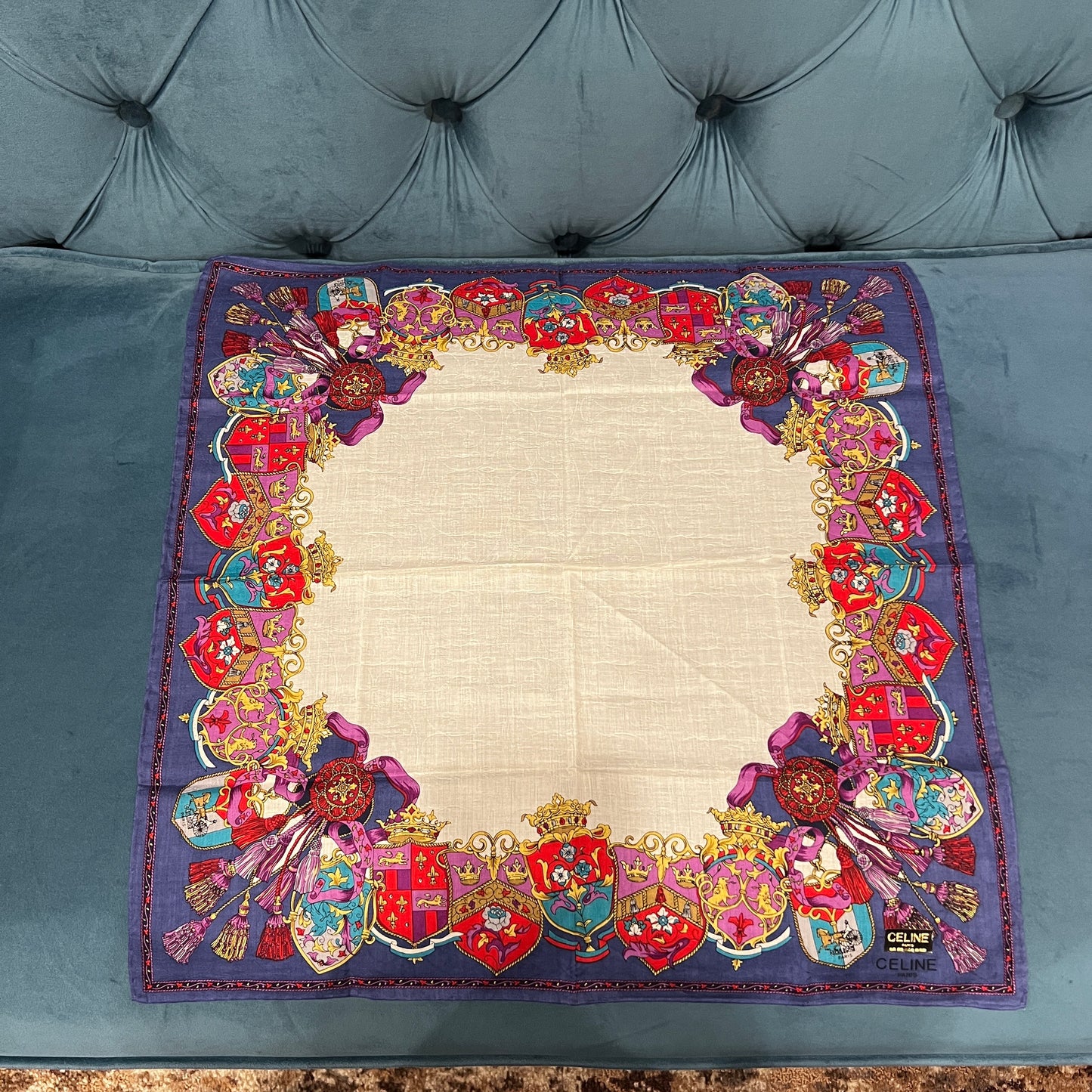 CELINE Crown Pattern Cotton Scarf Purple Red Tone