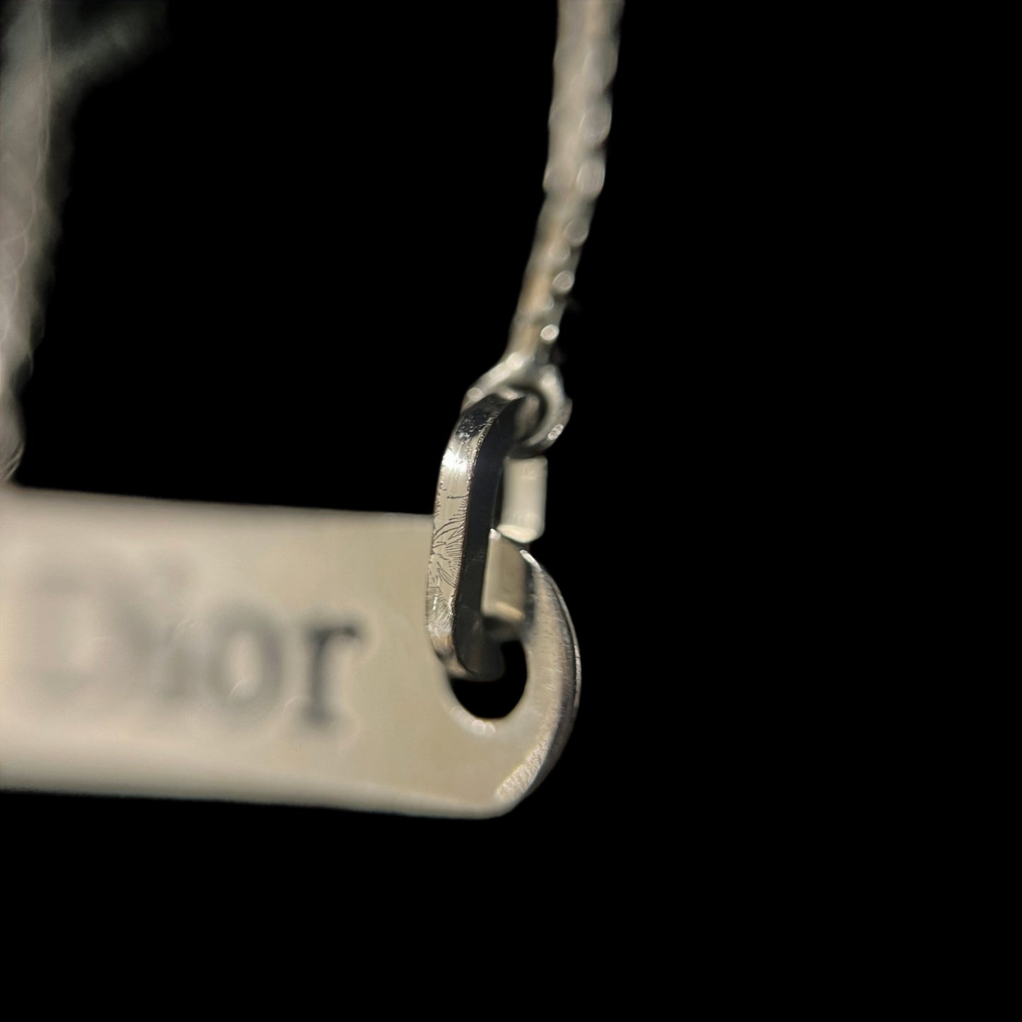 CHRISTIAN DIOR Plain Oblong Plate Fine Box Chain Necklace Silver Tone Metal Delicate Thin Chain Adjustable Extension with CD Logo Charm Minimalist Elegant Casual Daily Accessory