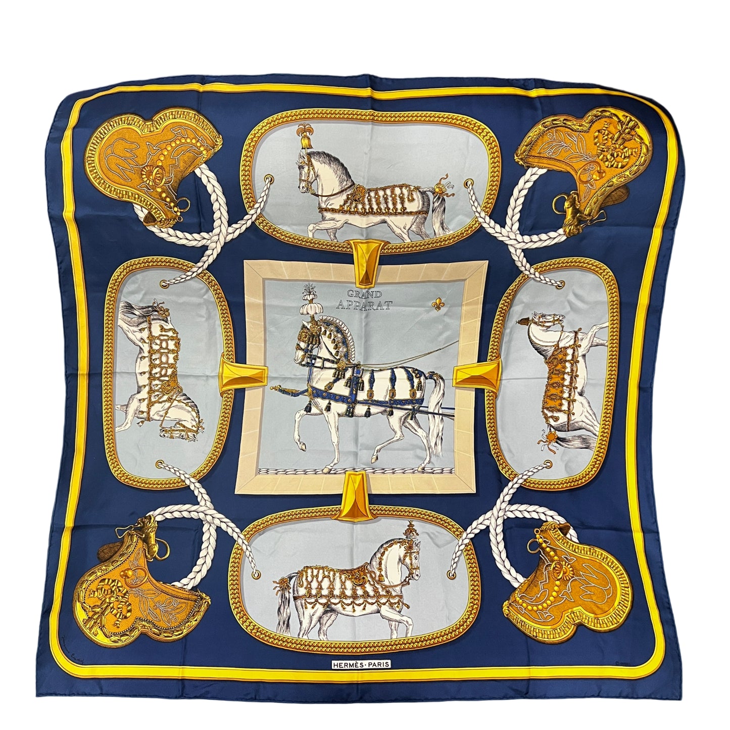 HERMES Carre 90 Grand Apparat Silk Scarf Blue x Yellow Equestrian Horse Pattern Luxury Classic